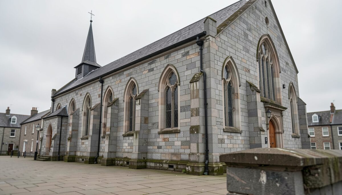 A granite church exterior on a city terrace.