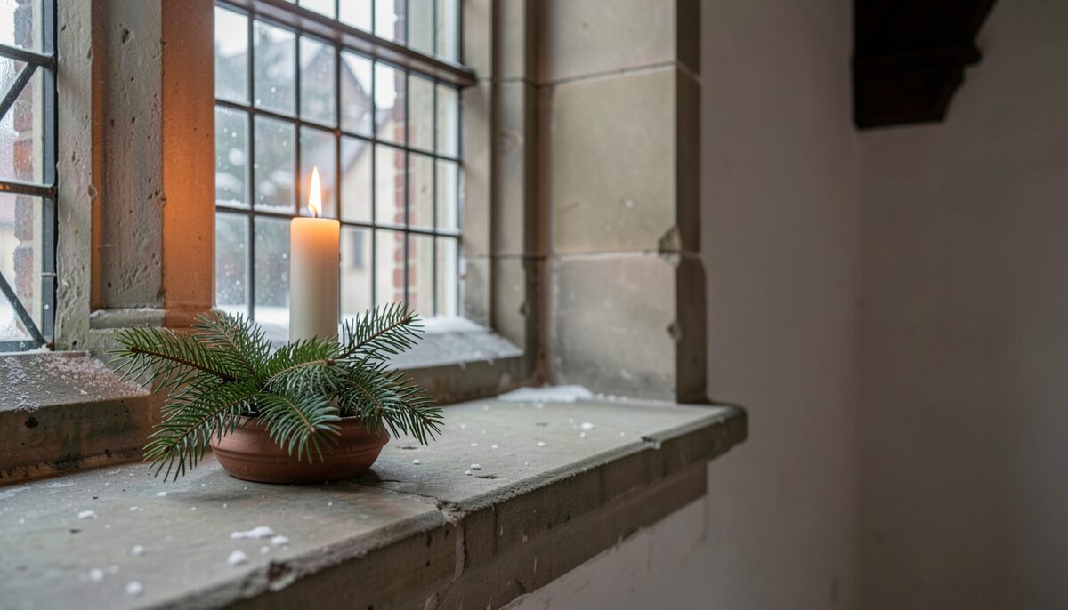 A single candle and an evergreen sprig on a stone windowsill.