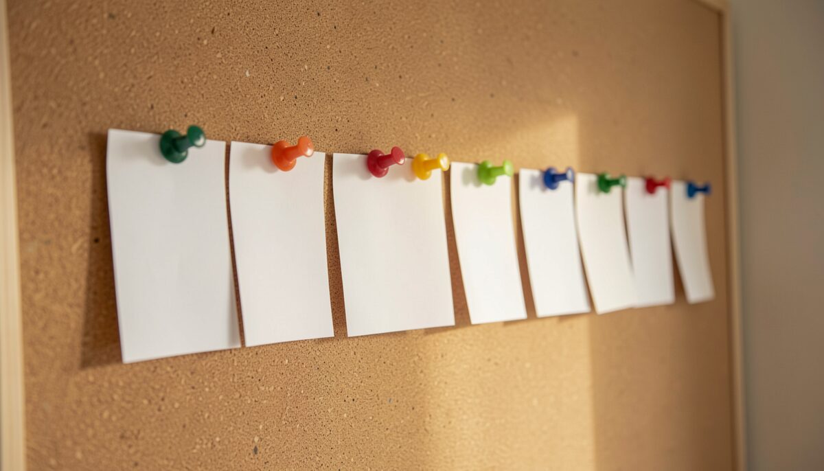 Folded paper slips pinned in a row on a cork notice board.